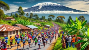 DALL·E-2024-11-21-23.25.28-A-scenic-view-of-runners-participating-in-the-Kilimanjaro-Marathon-2025-in-Tanzania.-The-image-shows-a-vibrant-and-diverse-group-of-runners-in-colorfu
